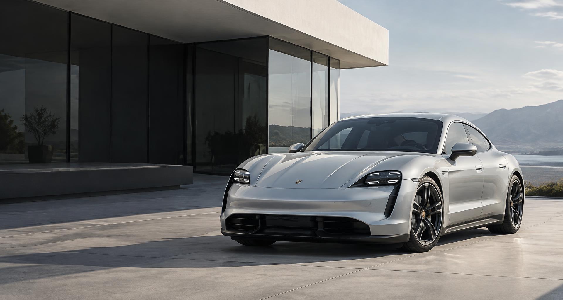 Silver Porsche Taycan outside contemporary architecture — representative vehicle